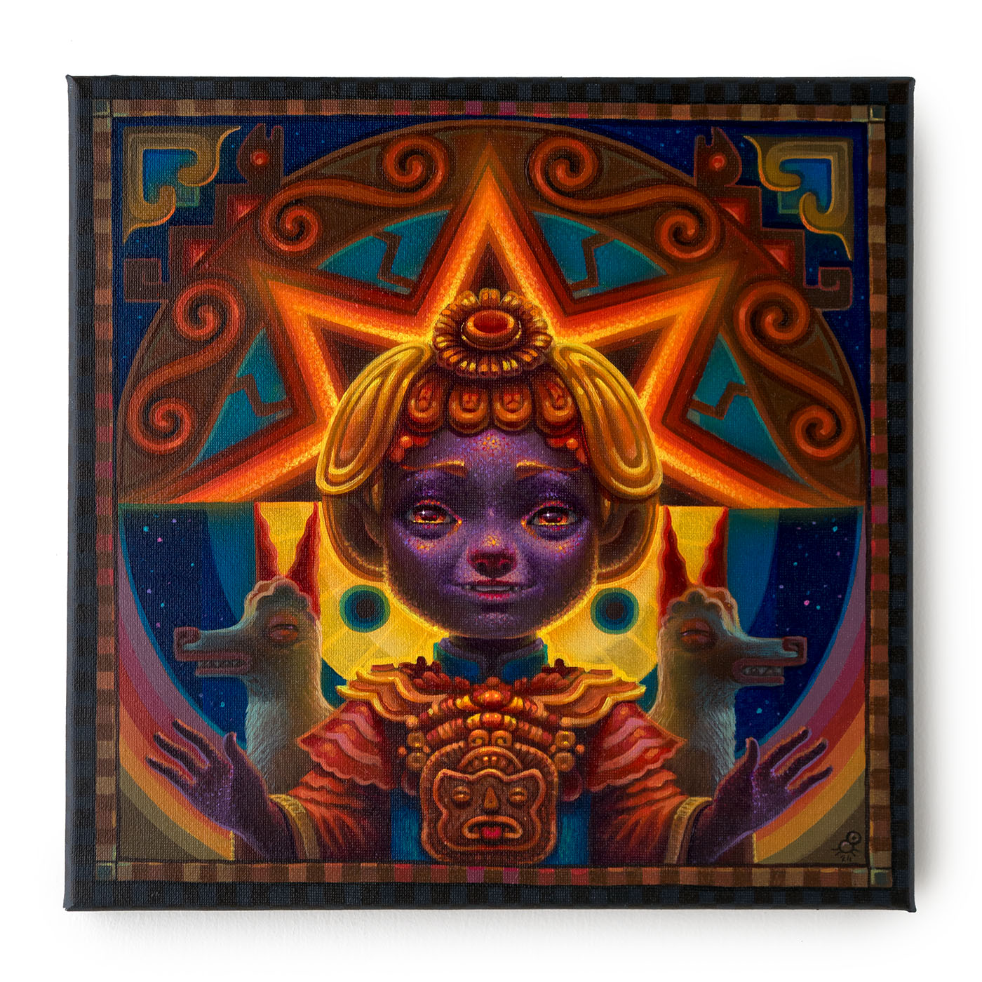 Original oil painting of Inti as a child smiling in multicolor geometric orange and yellow and purple hues flanked by two symmetrical llamas with her arms out wide.